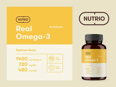 Packaging design for Nutrio Omega-3 brand identity branding fish oil label logo logo design logotype nutrition omega omega 3 packaging packaging design supplement vitamin