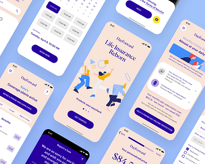 Life Insurance app UI overview app branding calendar card chat components design system illustration input mobile payment pink printing rounded scan schedule ui violet