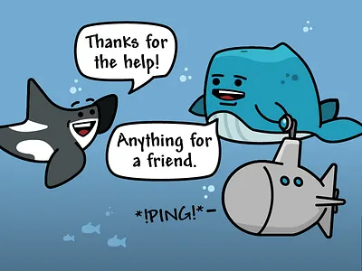 Whale and friends cartoon character comic content design fish illustration ocean scene socialmedia submarine underwater water whale