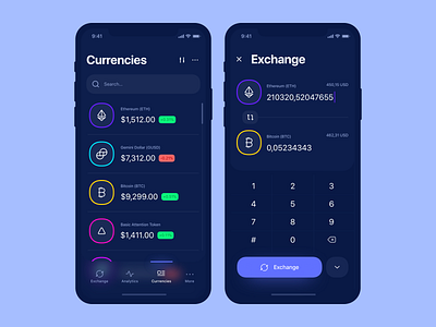 Cryptocurrency application app application bitcoin blue clean coin crypto cryptocurrency currencies dark design ethereum exchange finance interface list mobile money ui ux