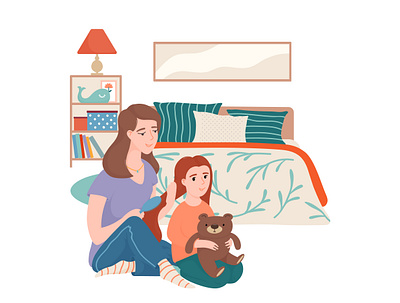 Evenings with mom cartoon character daughter family flat girl illustration interior mother people teddy bear vector vector illustration woman