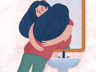Self-acceptance bathroom body positivity cartoon character concept flat girl hug illustration mirror procreate self acceptance woman