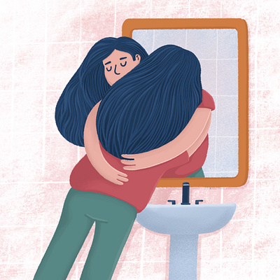 Self-acceptance bathroom body positivity cartoon character concept flat girl hug illustration mirror procreate self acceptance woman