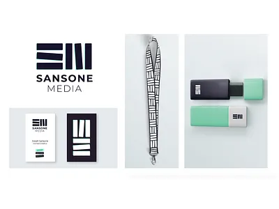 Sansone Media Brand branding green initials lanyard logo media montserrat neon pattern purple space vector video