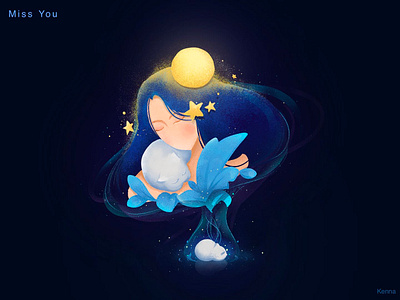 Miss You cat girl illustration night procreate app starry