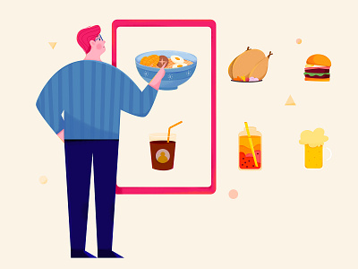 Meal Selection affinity designer beer boy character chicken choose customer dinner drink eat food hamburg illustration man meal noodle people phone select uran