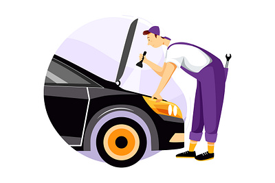 Mechanic standing in front of the hood and repairing the car artist artwork banner car repair car service car wash character graphic header icon illustration illustrator isometric landing mechanic page tire service vector web