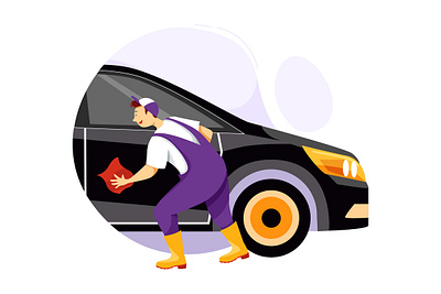 Worker wiping the windows dry after washing the car artwork banner car service character graphic header illustration illustrator isometric landing page tire balance vector web