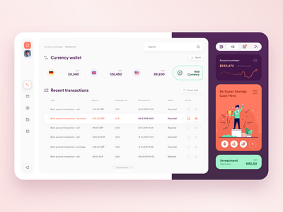 Currency exchanger application cash currency dashboard echange green illustration money orange ui ux