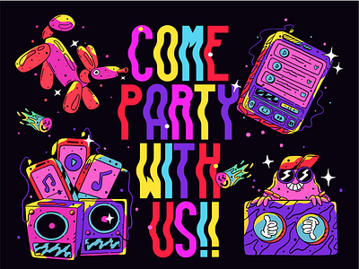 Party with us! cartoon character design digital illustration lettering music poster procreate space typography typography design vector