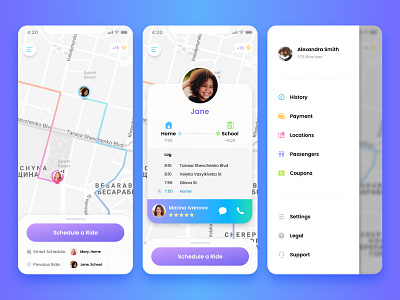 Carpooling App for Kids UI app app design carpool clean colorful concept design ios iphone kids light minimal mobile product taxi ui ui design user interface ux