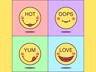 Emoticon Hot, Oops, Yum, Love cartoon character communication cute design emoji emoticon emotions faces facial expressions feelings hot love oops phrase social media sticker vector graphic vector illustration yum