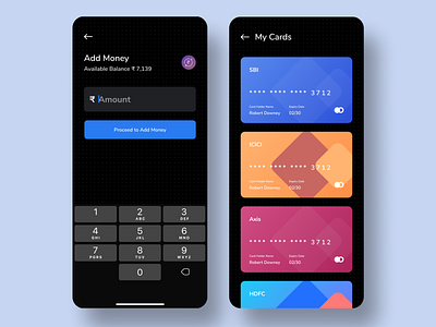 Credit Card add money app design app ui cards credit card credit card payment dark mode dark ui debit card ios minimal money transfer payment payment app ui ui design wallet wallet app