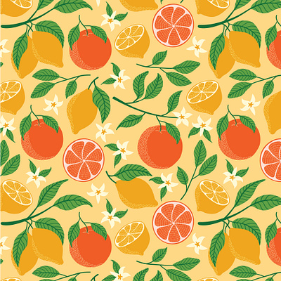 Citrus freshness design fabric illustration leaves lemon orange repeat pattern surface pattern design textile yellow