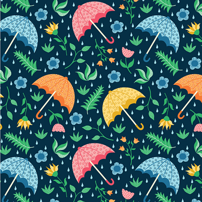 OR Spring rain fabric floral flowers illustration leaves rainy textile umbrella