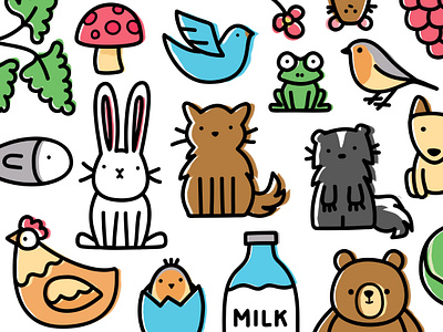 Doodles for a Trivia App bear bird cat chicken dog doodles egg fish flower frog game illustration milk mushroom raccoon rat