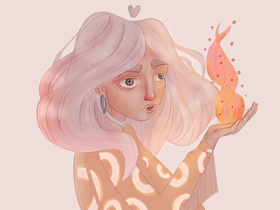 Magic fire characterdesign colorful fire girl character gradient illustraion light pink hair witchy yellow