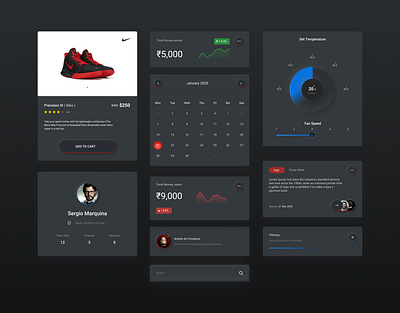 Card & widget collection - Dark Neomorphism UI buttons calendar cards concept controls dark ui layout loading mobile ui neomorphism product profile progress ratings slider steps trendy uikit user userinterface