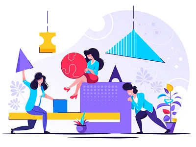 Team assembling an abstract geometric puzzle abstract analitycs branding business character communication design finance geometric illustration progress success technology
