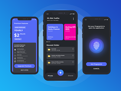 File Management App app apps blue colors dark dark app dark theme design fingerprint gradient color photoshop pink premium features ui ui ux uiux upgrade ux