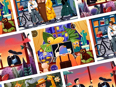 A recent illustration cats clothings clouds computers design girls illustration plants posters