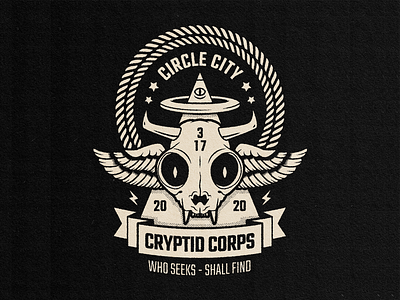 Cryptid Corps 2020 all seeing eye badge cat cryptid graphic design horns indianapolis lockup logo msg317 pyramid skull vector vintage wings