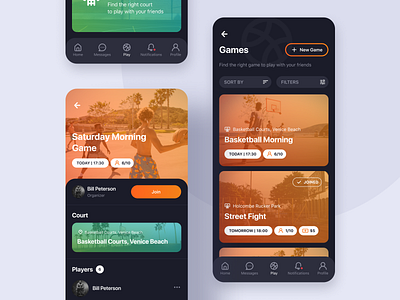 3x3 | Pickup Basketball App app application ball basketball court dark theme design game ios mobile orange sports street tournament ui