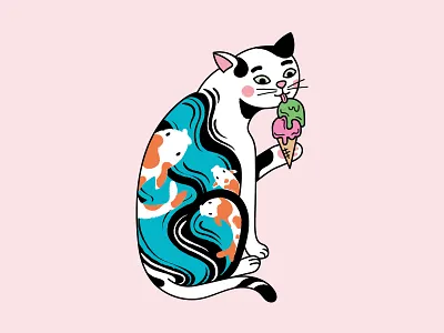 Cute tattooed cat animal animals cartoon cat character colorful flat ice cream illustration japan japanese art kitten koi mascot mascot character minimal simple sticker vector yakuza