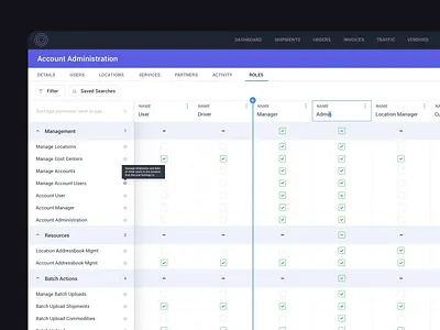 Admin Roles Management accordion account admin admin design admin panel app application assignment daily ui dailyui dashboard horizontal scroll management manager permission roles spreadsheet table user experience ux