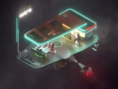 Space Gas Station 3d blade runner blender concept art cyberpunk game art gas station illustration isometric low poly lowpoly retrofuture retrofuturism space