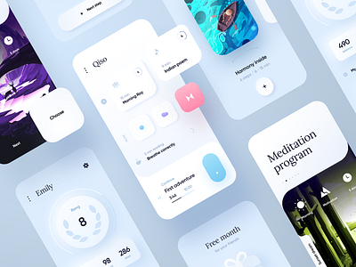 Qiso Meditation App calm cards case chilling design health illustration ios lifestyle meditate meditation mobile psychology relaxing stats ui ux yoga