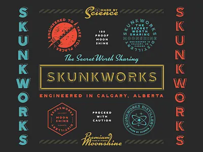 Skunkworks Distillery Brand Identity (Dark Version) badge badge design brand identity design branding branding design design distillery illustration logo logo design moonshine science skunkworks typography