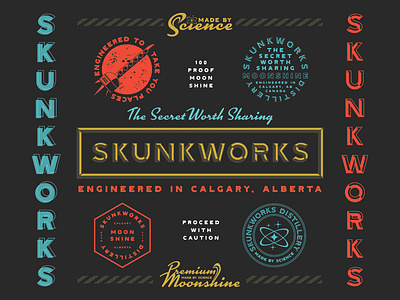 Skunkworks Distillery Brand Identity (Dark Version) badge badge design brand identity design branding branding design design distillery illustration logo logo design moonshine science skunkworks typography