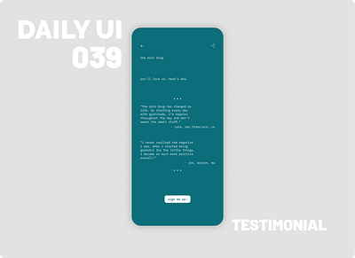 039_Testimonial blog app blog post daily100challenge dailyui day39 flat ui gratitude app interaction ios journal app menu button minimalist mobile app sign up submit button user testimonials ux writing