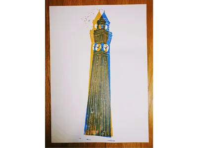 Old Joe - Linocut building clock clock tower colorful ink lino linocut old joe overprint print printmaking tower university