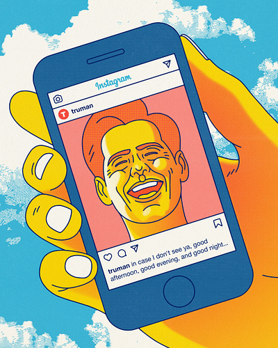 Living in The Truman Show design editorial editorial illustration halftone illustration instagram jim carrey movies phone pop art social media texture the truman show