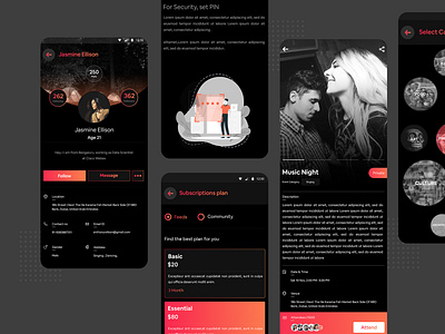 Social App app design application design application ui cards category color dark theme darkui design detail page event feedsdetails follow illustration orange photoshop preference securitypin subscription ui ux