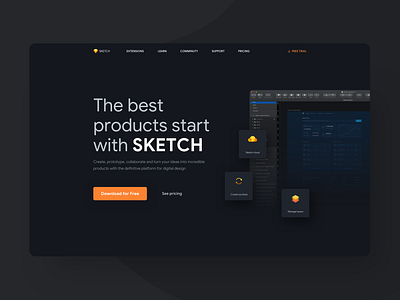 Sketch Hero button dark ui darkmode design header header design hero hero banner landing landing page landing page design menu minimal shadow sketch sketchapp typogaphy ui design web web design