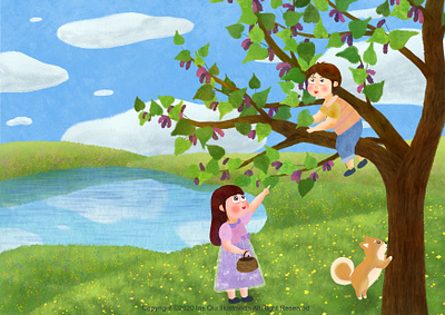 Illustration for children boy bule sky children illustration childrens book dog flower illustration girl illustration lake mulberry mulberry tree spring