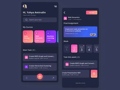 Catet- Task management for college student android app app branding clean college colorfull daily ui dark app dark mode dark ui design flat glow ios minimal simple task task management ui ux