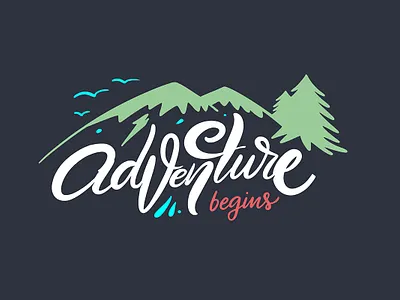 Adventure begins adventure camping cartoon cute design icon illustration lettering mountain sketch summer travel tree type typography vector