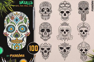 100 Decorative Skulls bundle character dayofthedead death decorative design halloween illustration illustrator mexican set skull sugar skull sugarskull vector