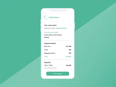 Daily UI #17 - Email Receipt booking booking system dailyui dailyui 017 dailyuichallenge designchallenge email design email receipt flight flight booking flight receipt green minimalist mobile app mobile design receipt ui ui mobile uidesign uidesignchallenge