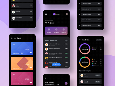 Wallet App Concept analytics analytics chart app concept app design chart creditcard dark mode dark theme dark ui debit card expense history expenses tracker ios money manager money transfer payment payment app spend analysis spendings wallet app