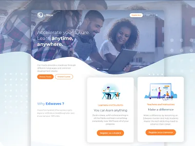 Edwaves online learning landing page bilingual blue courses education learning orange rtl ui ux visual design xd design
