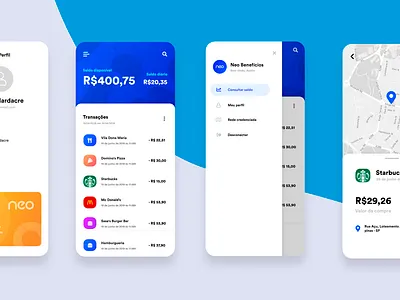 Voucher card app app bank app clean drawer map modern transactions ui voucher