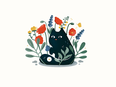 Black cat in the garden cat cute cat cute logos floral flowers garden garden cat