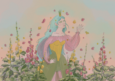 Hollyhocks blue botanical character crown cute fantasy flowers green illustration magic pastel pink plants pretty procreate procreate app sunset yellow