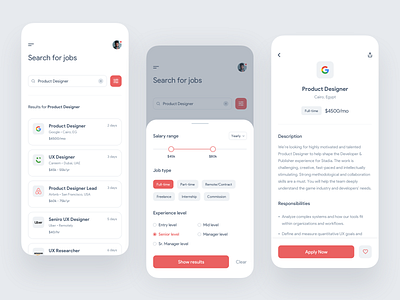 Job Portal - App Concept app filter clean filter job job application job board job finder job finder app job listing job portal job search minimal salary range search ui ux