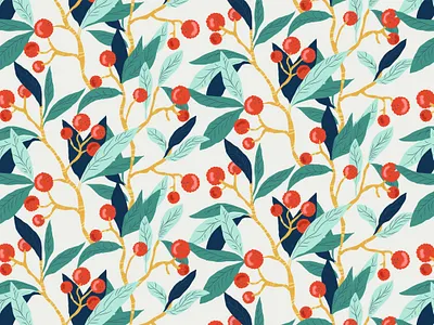 Pattern Strawberry tree branch design drawing flat floral green handdrawn illustration leaf leaves pattern red simple spring strawberry tree surface tree vector wallpaper